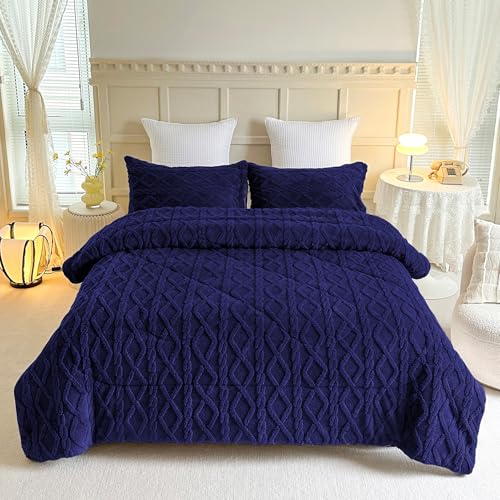 3-Ply Sherpa Blanket King Size, Warm Bed Blanket King with 2 Pillow Shams, 4.5 Lbs Soft Blanket for Bed, Navy/King