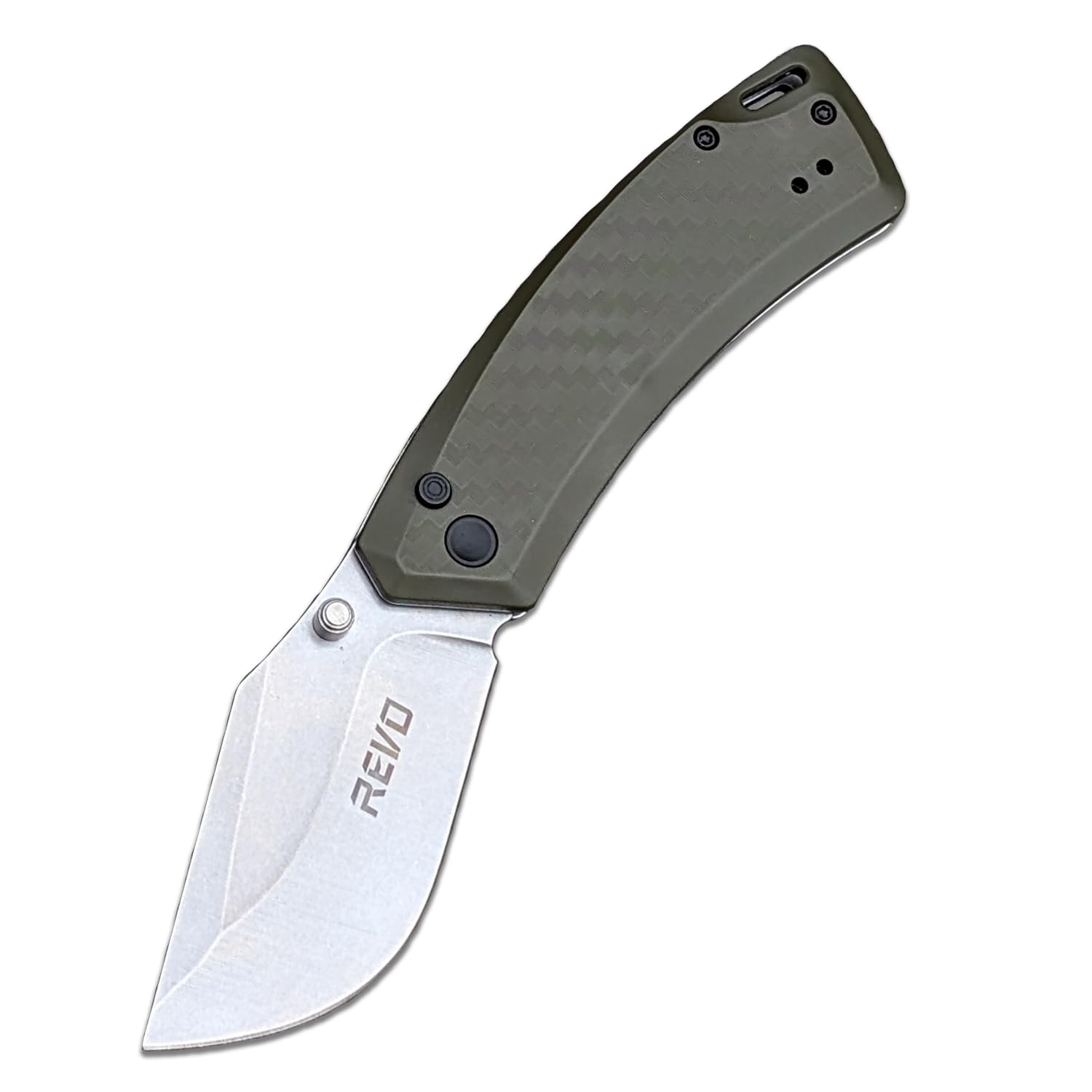 REVOCanyon Pocket Knife, 3" Engineered Steel Blade Button Lock Knife, Stainless steel handles with FRN scales, Versatile EDC for Hunting, Camping, Fishing (Green)