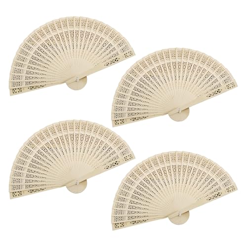 Falafoty Wooden Bamboo Folding Fans, 4PCS Chinese Folding Hand Fan with Sandalwood, Vintage Wooden Fan for Women Summer Gift Wedding Decor Home Birthday DIY Decoration Performance (Wood)