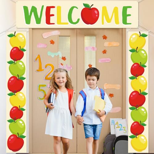 Image of Funrous 3 Pcs Back to School Welcome Door Banners New School Year Door Decorations Apple Theme Welcome Porch Sign Hanging Porch Photo Props for Wall Outdoor Indoor Classroom Party Supplies