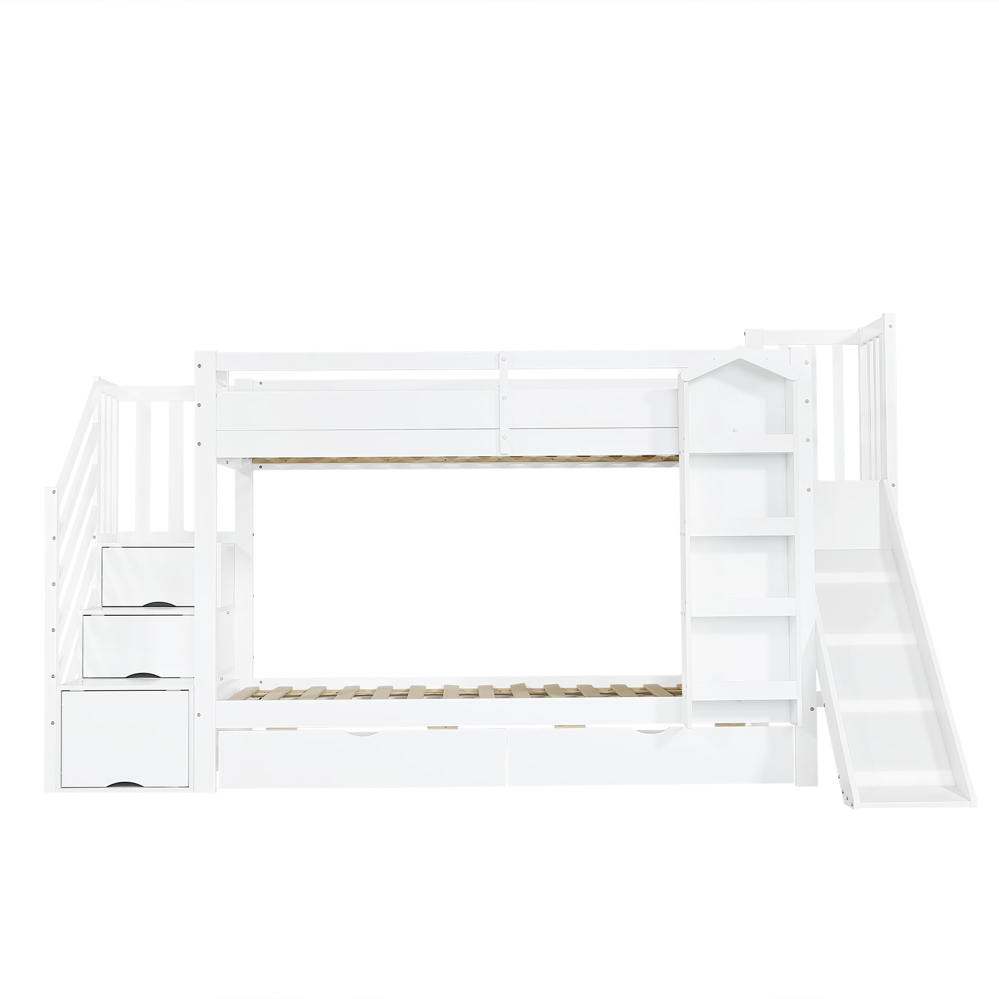 Litera, cuna, con estante para libros, dos cajones con ruedas y tobogán infantil, armario de almacenamiento para escaleras, pino + MDF + madera contrachapada, blanco, 90 x 200 cm