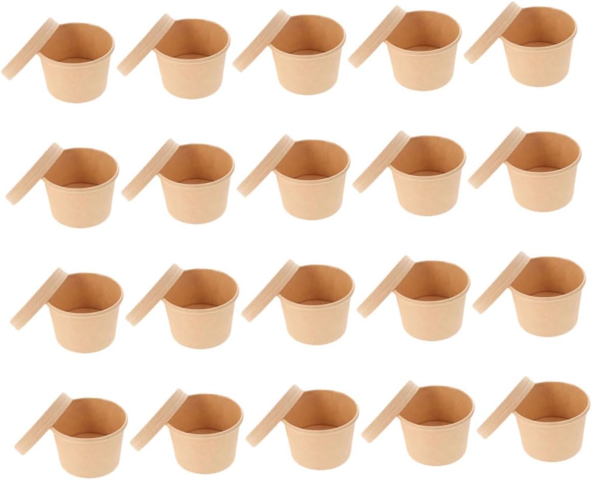 PRETYZOOM 50pcs 8oz Kraft Paper Ice Cream Bowls with Lids, Disposable Thickened Soup Cups for Takeout, Yogurt, Dessert, and Cold Food Packaging
