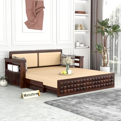 Image of Sheesham Wooden 3 Seater Sofa Cum Bed with Storage - Modern Daybed with Upholstered Backrest | Living Room Convertible Sofa Bed - Wooden Sofa Cum Bed with Mattress (Design 8)