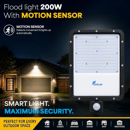 Image of Forus 200W LED Flood Light Natural White with Motion Sensor Auto On Off Day Night Mode Waterproof Outdoor Security Light for Garden Parking Garage Factory Shop High Bright Floodlight 4Yr Warranty-1Pc