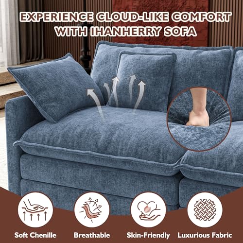 Image of Ihanherry 114 inch V-Shaped Modern Sofa Modular Sectional Cloud Couch with Corner Section, 5-Seat Chenille Deep Seat Sofa with 5 Pillows for Living Room, Bedroom and Apartment, Blue