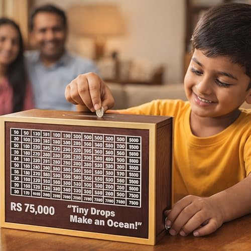 Image of Premium Wooden Money Bank with Lock - Vintage Coin Saving Box for All Ages - Ideal for Cash, Coins, Donations & Home Decor (75K Money Box, 1, Count)