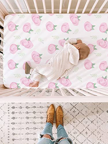 Image of TotAha Premium Stretchy Crib Sheets (2-Pack)-Hypoallergenic, Silky Comfort, Buttery Soft, Calming Effect, All-Season Jersey-Knit Sheets, 9'' Extra Deep Pocket (Pink Buds & Green Leaves)