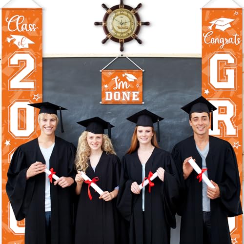 Image of Moukeren 3 Pieces 2026 Graduation Party Decorations Graduation Porch Sign Class of 2026 Grad Hanging Porch Banner Backdrop Door Sign for Grad Party Home Door Wall Decor(Orange)
