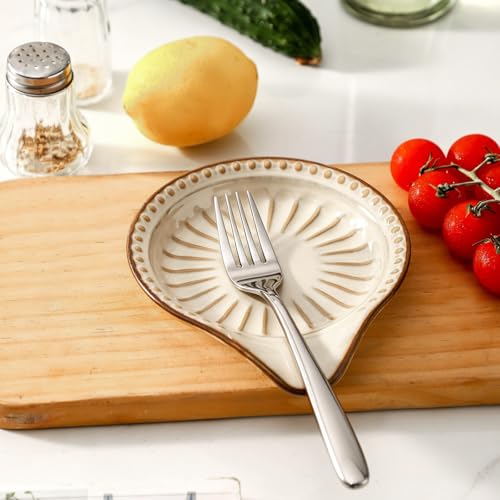 Image of Spoon Rest for Stove Top, Ceramic Spoon Holder for Countertop, Beige | 5.1Inhes Spatula Rest for Kitchen Counter, Heat-Resistant Cooking Utensil Rest for Coffee Spoon Dish, Tongs, Dishwasher Safe