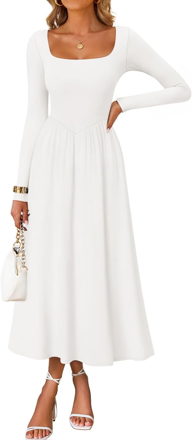 ZESICA Spring Dresses for Women 2026 Elegant Classy Square Neck Long Sleeve Flowy Wedding Guest Party Midi Dress