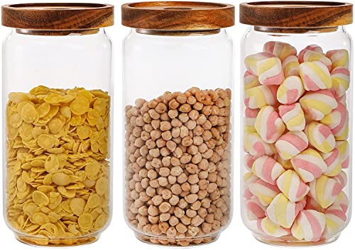 Bekith Lot de 3 boîtes de rangement en verre de 950 ml avec couvercles hermétiques en bois d'acacia, bocaux en verre transparent pour cuisine, garde-manger pour spaghetti, pâtes, café, haricots thumbnail