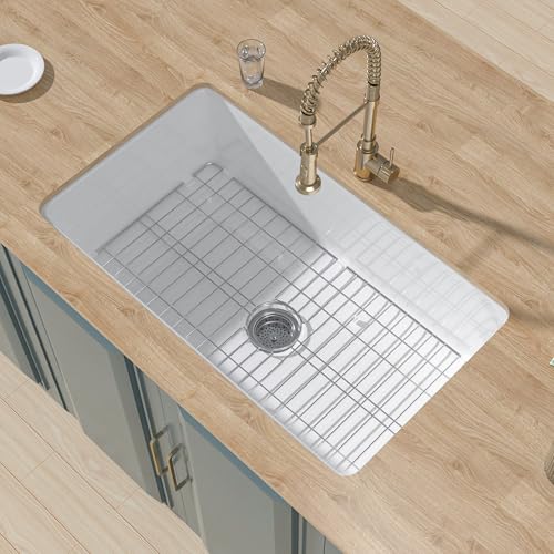 HOMLYLINK Undermount Kitchen Sink White 32 x 19 Inch, Fireclay Topmount Sink Drop In Single Bowl, with Custom Accessory 2 Types, Dual Mount, for Kitchen, Pure White