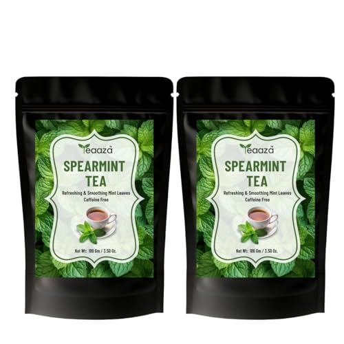 Image of Teaaza Organic Spearmint Tea Leaves - Pack of 2 x 100 Grams-200 Cups-Caffeine-Free Herbal Spearmint Tea for PCOS | SUPPORTS HORMONE BALANCE, ACNE, FACIAL HAIR & PCOS RELIEF | Fresh Minty Flavor, 100% Natural, Spearmint leaves | loose leaf spearmint herbal tea - 2 Months Budget Pack