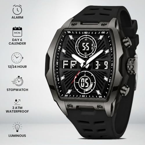 Image of V2A Impact-KUBIX 5410 Analog-Digital Watch for Men | Trendy Tonneau Shape | Bold Fashion Performance Watch with 3 Time Zones, Countdown, 50M Water Resistance, Alarm & Stopwatch