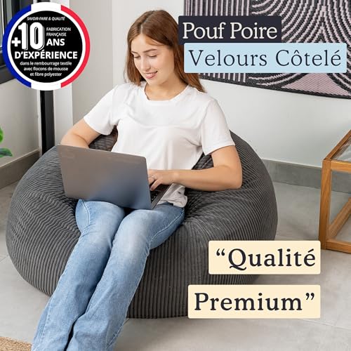 Pouf Poire Velours Côtelé Déhoussable Gris 80cm Bananair