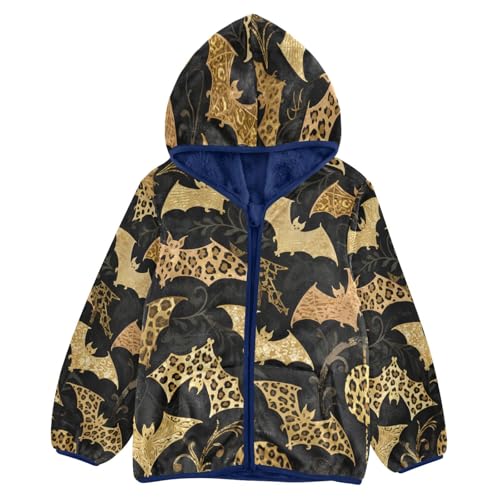 Bat Leopard Print on Black Toddler Fleece Jacket Girl Boys Hooded Fleece Jacket Coat Warm Outwear Zip-up 3-10T
