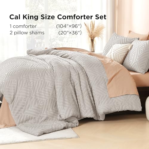 Image of Litanika California King Comforter Set Linen Grey, 3 Pieces Tufted Boho Farmhouse Bedding Comforter Sets, Lightweight Fluffy Comforter Bed Set All Season (104x96In Comforter & 2 Pillowcases)
