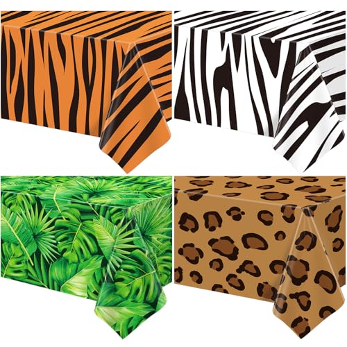 YCXTCZ 4 Pack Animal Safari Tablecloth Jungle Animal Theme Table Cover Tiger Zebra Leopard Print Table Cover Tropical Palm Leaf Tablecloth Jungle Zoo Theme Table Cloth 51 x 86