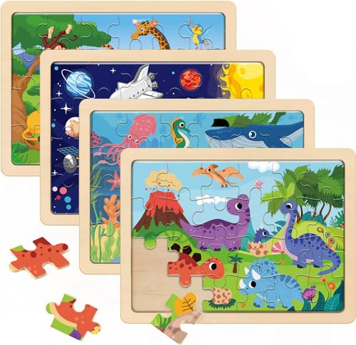 Wooden Puzzles for Kids Ages 3-5 | 4-6, 4 Packs 24 Piece Colorful Wooden Puzzles for Toddler Children, Learning Educational Puzzles Toys for 3 4 5 6 Boys and Girls (Size 11.8″X8.9″)