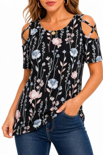Image of Jar of Love Women's Summer Tops Short Sleeve Cold Shoulder Tops T-Shirts for Women Spring Summer Tops Loose Fit Tunic 2026