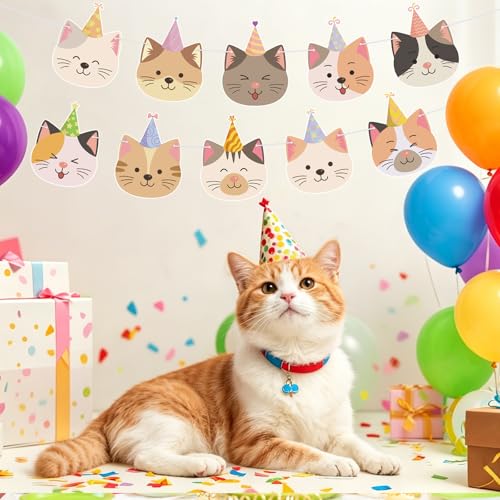 Image of Cat Birthday Banner for Cat Birthday Party Decorations Funny Cats Face Banner Garlands for Kids Girls Boys Party Supplies