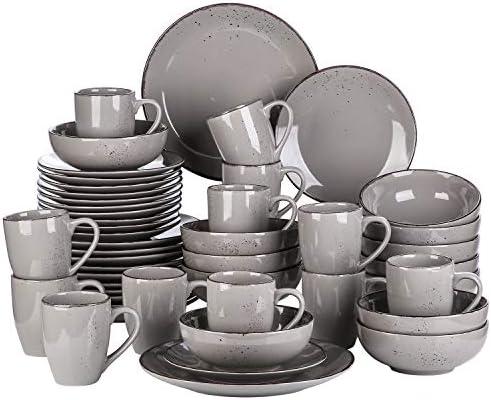 vancasso Navia Ceramic Dinnerware Set, 48 pieces Set of 12 Stoneware Spray Spot Patterned Service Dish with Dinner Plates, Salad Plates, Bowls, Mugs - Grey