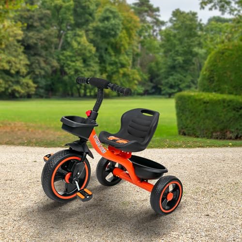 Image of Amazon Brand - Symactive Tricycle for Kids | Plug N Play | Baby Cycle with Grip Handle, Eva Wheels, Seat & Basket | Kids Tricycle /Cycle | 2+ Years Unisex | Weight Limit Upto 25 Kgs (Orange)