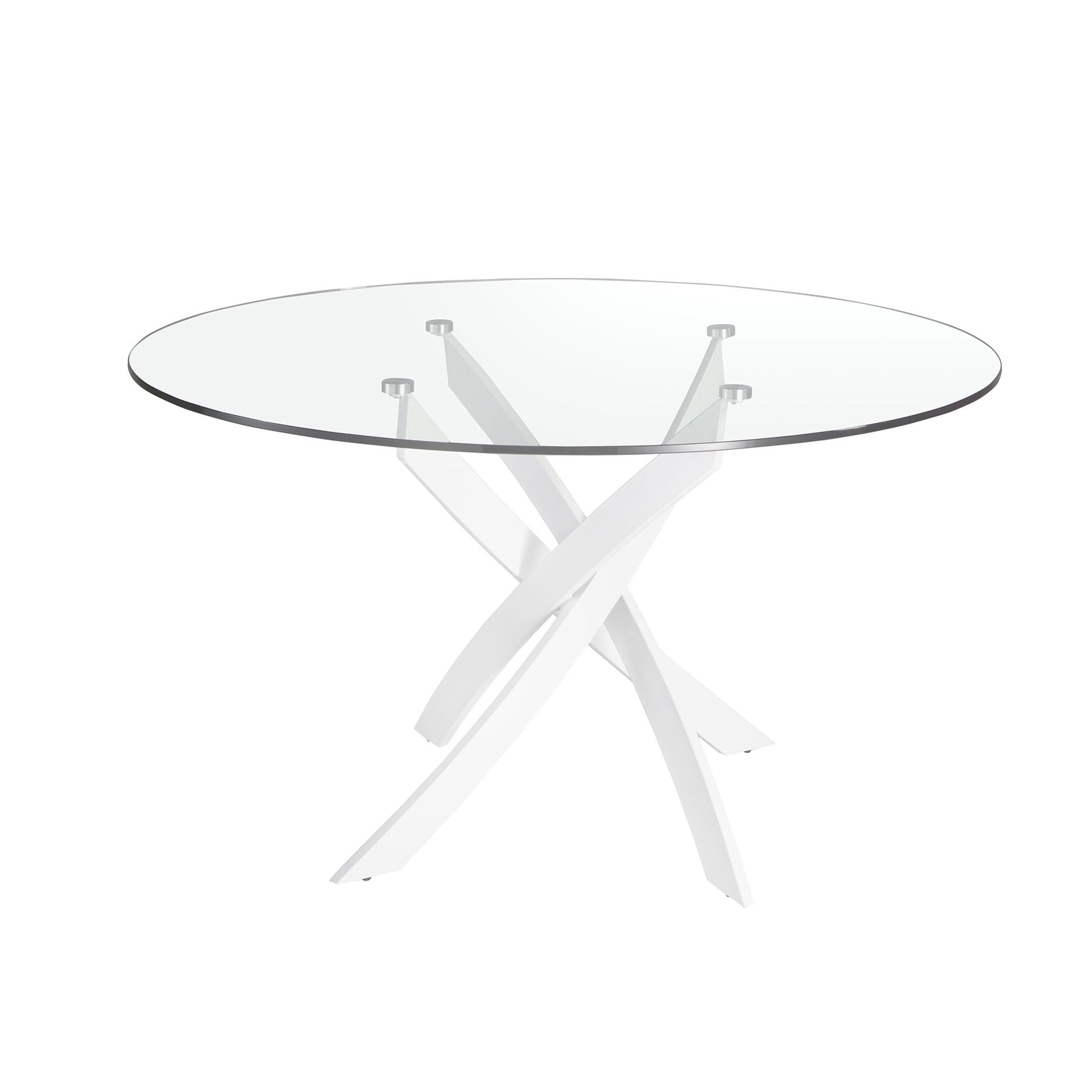 Mesa de Comedor Redonda Ángel Cerdá 1138 de Cristal Templado Transparente y Patas de Acero Color Blanco, Ø 130 x 75 cm