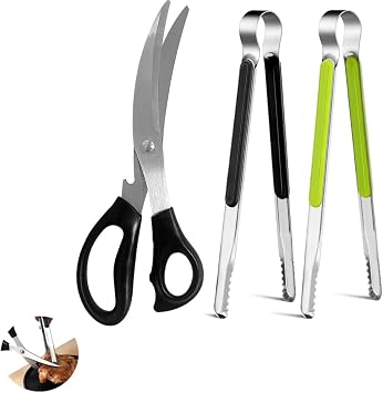 Kitchen Scissors, Korean Barbecue Scissors and Tongs Set, Kitchen Shears and Tongs for Cutting Meat, Chicken, Vegetables, Stainless Steel Multipurpose Non-slip Serrated Sharp BBQ Scissors BBQ Tongs