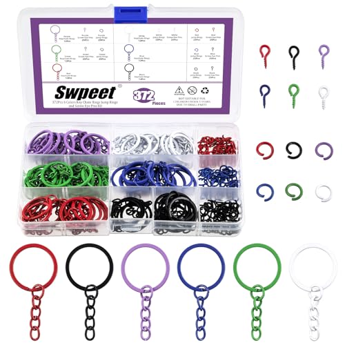 Swpeet Kit de 372 llaveros de 6 colores de 25 mm a 1 pulgada, incluye 72 llaveros de 25 mm con cadena, 150 anillos abiertos y 150 pasadores de ojo de tornillo para manualidades y fabricación de joyas
