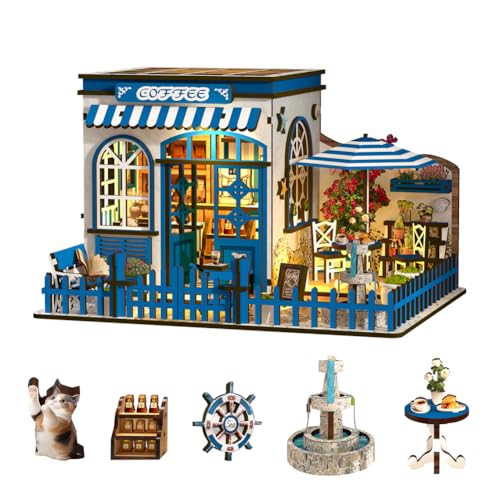 Kit de casa de muñecas en miniatura, mini casa de café 3D de madera en miniatura con luz LED, regalos creativos para amigos y padres