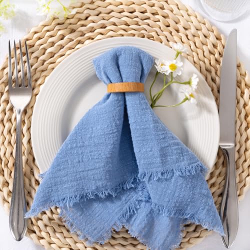 Image of MLMC 10 Pack Dusty Blue Cloth Napkins with Fringe Boho Linen Napkins Washable Reusable Rustic Dinner Table Decor 17 inchx17 inch for Wedding Party Bridal Baby Shower Home Decor