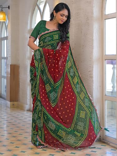 Image of SIRIL Women's Bandhani Printed Embroidery Georgette Saree with Unstitched Blouse Piece
