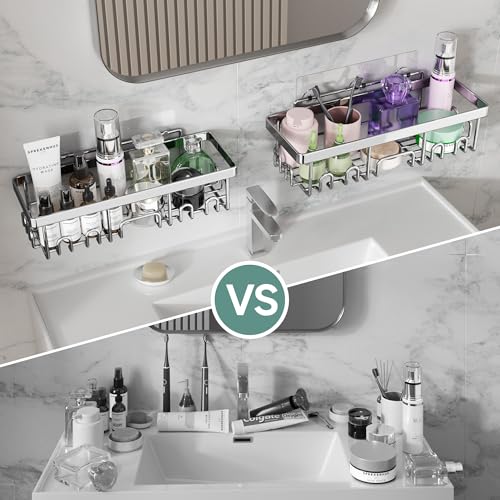 Image of Veken Adhesive Shower Caddy 5-Pack,Heavy Weight Bearing,Large Wall Mounted Shower Shelves Rack,Organizer Storage Accessories with Soap Dish&Toothbrush Holder,Ideal for Bathroom,Home&Kitchen,Silver