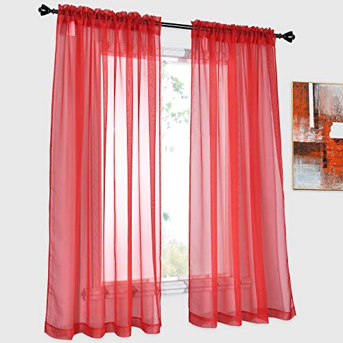 DONREN Red Sheer Curtains Transparent Voile Rod Pocket Curtains for Bedroom and Living Room 52 x 54 inches Long Set of 2 Panels