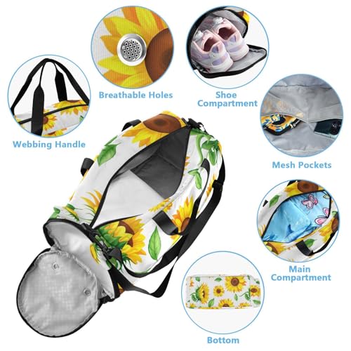 Leaves Flowers White Kids Travel Duffel Bag for Boys Girls Overnight Weekend Tote Bag with Shoes Compartment for Trip Beach Swim4