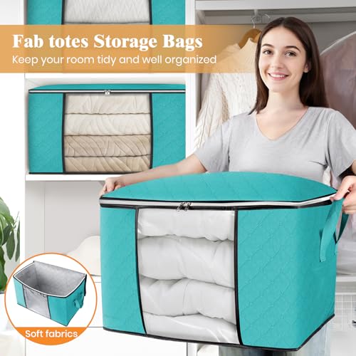 Image of Fab totes 24 Gallons Clothes Storage, Foldable Thick Fabric Blanket Storage Bags, Containers for Organizing Bedroom, Closet, Clothing, Comforter, Organization with Handle (4 Pack,Green)