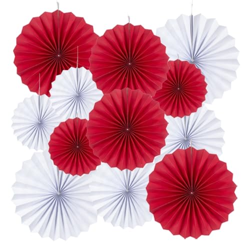 Image of MOWO Red and White Paper Fans Wall Hanging Decoration, 12pc | Background Ceiling Hanging Decoration, Birthday Graduation St.George's Day England Theme Party, 12pc