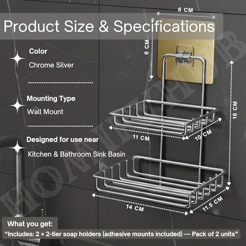 Image of Double Layer Soap Stand for Bathroom | Soap Holder for Bathroom Stickable | Self Adhesive Wall Mounted Stainless Steel Soap Dish | No Drill Soap Tray Waterproof Rust-Proof (Set of 2)