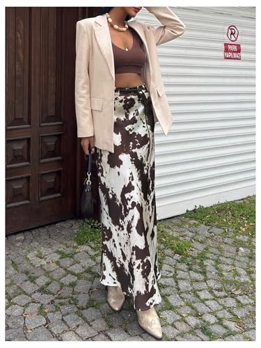 MakeMeChic Women's Satin Cow Print Maxi Skirt Silk Fishtail Belted Skirts2