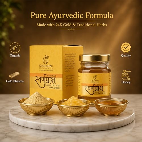 Image of Dhaarni Swarnaprashan for Kids with 24CT Swarna Bhasma, Brahmi, Honey & Cow Ghee | Ayurvedic Immunity & Memory Booster Drops for Child Growth, Brain Development & Focus Support | 15ML