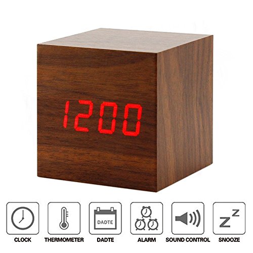 Swonda Cube Wood LED Alarm Clock - Time Temperature Date - Sound Control,Brown