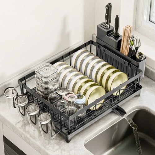 Multibao Dish Drainer Rack-Multifunctional Dish Rack for Kitchen Counter Anti-Rust Draining Board Rack with Cutlery Cup Holder-Utensil Holder 42 cm x 30 cm x 13 cm Fits Draining Board or Sink