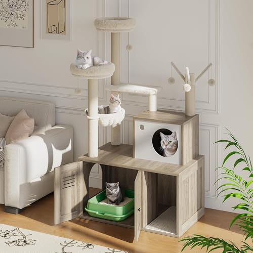 Furniture Style Cat Tree Tower & Hidden Litter Box Cabinet Combo – Multi-Level Cat House with Sisal Scratching Posts, Perch & Luxury Hammock by IDEALHOUSE - Image 7
