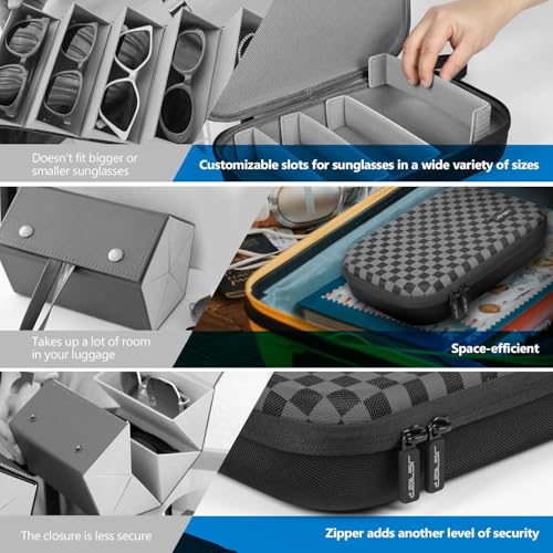 Image of JSVER Hard Shell Sunglasses Case, Portable Sunglasses Organizer With Adjustable Slots, Black and Gray Checkered EVA and Velvet Material, Holds Up to 7 Pairs