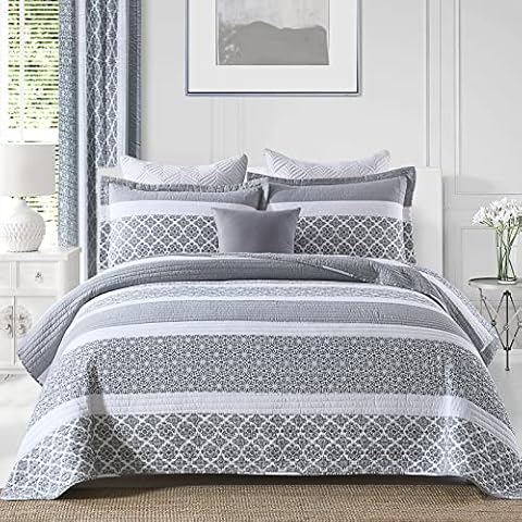 Finlonte Queen Quilt Set Striped Quilt, 100% Cotton Queen Size Quilt, Bluish Gray Lightweight Queen Quilt Bedding Set, All Season Floral Bedspread 3 Pieces Cover