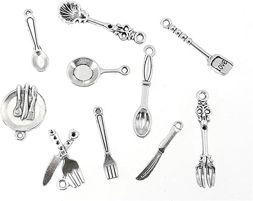 Miniatura 4 de Dijes para vajilla de cocina, cuchillo de cocina, tenedor, cuchara, plato, vajilla, colgante para hacer joyas de bricolaje (100 unidades, plata