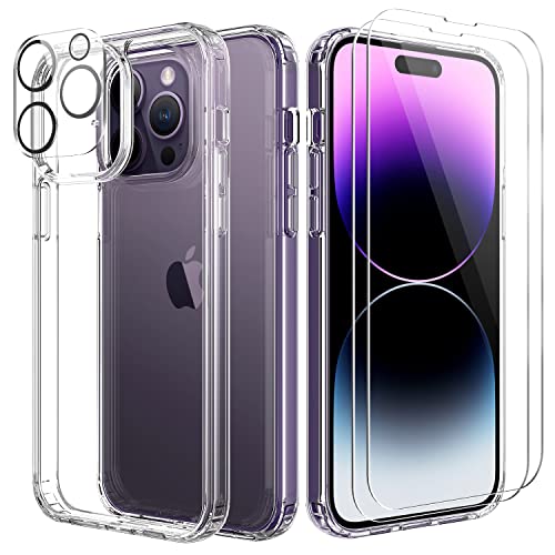 UYMO Funda Transparente Compatible con iPhone 14 Pro 6.1" con 2 Protectores de Pantalla y 1 Protectores de Lente de cámara, Anti-Amarillo Ultra Delgada de TPU/PC Duro a Prueba de Golpes Cover