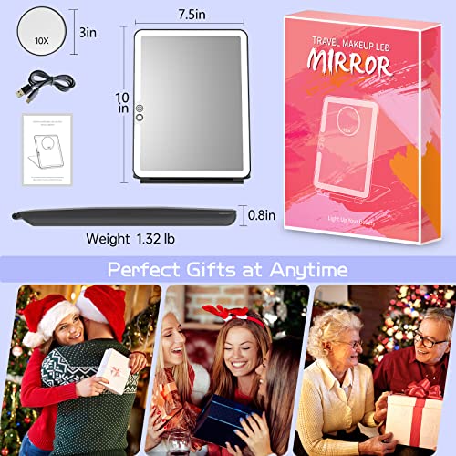Funtouch Rechargeable Large Travel Makeup Mirror With Lights, 3 Color Lighting, Portable Lighted Makeup Vanity Mirror With 10X Magnifying Mirror, Dimmable Ultra Slim Mirror Travel Essential For Women #TOP5