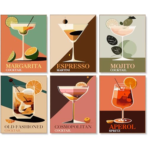 Offito Art 6 Stück Malen nach Zahlen Erwachsene – 20x25 cm 6er-Pack Cocktail Malen nach Zahlen Leinwand für Anfänger, Cocktail DIY Acryl Paint by Numbers for adults, für Home Décor, Ohne Rahmen